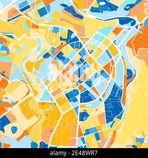Mappa a colori d'arte di Yerevan, Armenia iin blues e arance. Le gradazioni di colore nella mappa di Yerevan seguono un motivo casuale. Illustrazione Vettoriale