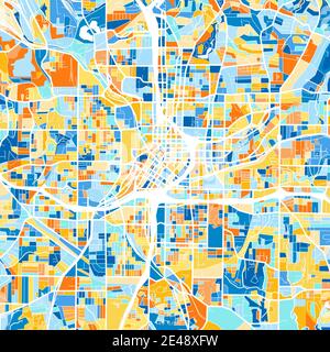 Mappa artistica a colori di Atlanta, Georgia, Stati Uniti in blu e arance. Le gradazioni di colore nella mappa di Atlanta seguono un motivo casuale. Illustrazione Vettoriale