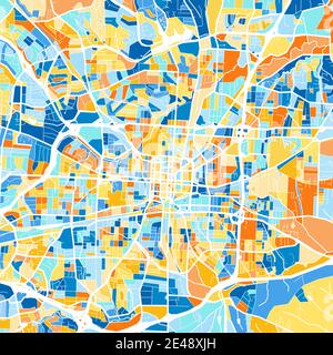 Mappa artistica a colori di Greensboro, North Carolina, UnitedStates in blu e arance. Le gradazioni di colore nella mappa di Greensboro seguono un motivo casuale. Illustrazione Vettoriale