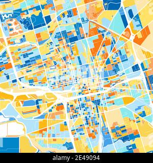 Mappa artistica a colori di Stockton, California, UnitedStates in blu e arance. Le gradazioni di colore nella mappa Stockton seguono un motivo casuale. Illustrazione Vettoriale