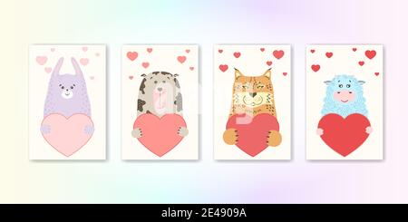 Carino animale cartoon contiene un segno cardiaco con spazio copia. Set giorno di San Valentino biglietto d'auguri banner invito brochure. Cartoon disegnata a mano stile. Animali piccoli animali in amore, dichiarazione d'amore. Illustrazione Vettoriale