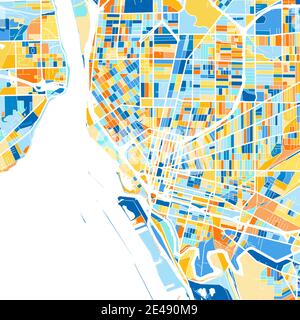 Mappa artistica a colori di Buffalo, New York, Stati Uniti in blu e arance. Le gradazioni di colore nella mappa di Buffalo seguono un motivo casuale. Illustrazione Vettoriale