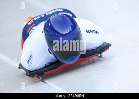 22 gennaio 2021, Baviera, Schönau am Königssee: Scheletro: Coppa del mondo, singolo, uomini. Il pilota britannico Marcus Wyatt compete sulla pista artificiale di Königssee. Foto: Tobias Hase/dpa Foto Stock