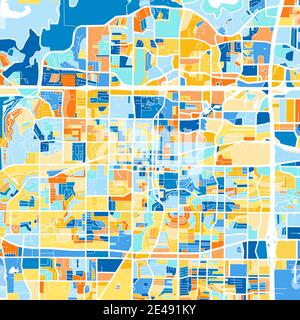 Mappa artistica a colori di Arlington, Texas, UnitedStates in blu e arance. Le gradazioni di colore nella mappa di Arlington seguono un motivo casuale. Illustrazione Vettoriale