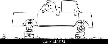 Conducente o uomo che cerca di guidare l'auto senza ruote, cartoni animati vettoriali figura stick o illustrazione carattere. Illustrazione Vettoriale