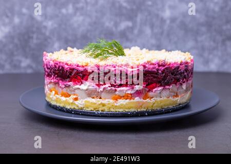 Insalata di aringhe sotto un cappotto di pelliccia. Insalata tradizionale russa multistrato di aringhe, barbabietole, patate, carote e uova. Primo piano, sfondo grigio. Foto Stock