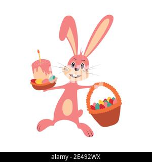 Coniglio coniglietto di Pasqua con cesto di Pasqua pieno di uova di Pasqua decorate. Illustrazione Vettoriale