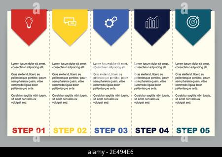 Modello di brochure infografica iniziale con 5 fasi. Diagrammi e informazioni aziendali Illustrazione Vettoriale