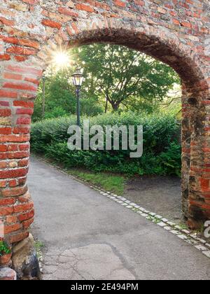 Giardino, siepe, passaggio, sole del mattino, mura della città, muraglia in mattoni, fortificazione, storico centro storico, storico, città vecchia, monumento, monumento sito protetto, monumento protezione, luogo di interesse, luogo di interesse storico Foto Stock