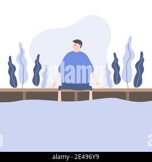 Uomo seduto su cartoon in legno molo carattere. Illustrazione Vettoriale