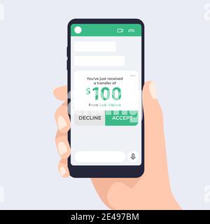 Trasferimento di denaro tramite chat. Paga tramite app mobile. Invio e ricezione di denaro. Illustrazione Vettoriale