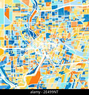 Mappa artistica a colori di Rochester, New York, UnitedStates in blu e arance. Le gradazioni di colore nella mappa di Rochester seguono un motivo casuale. Illustrazione Vettoriale