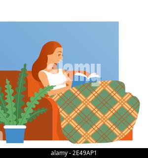 Bella ragazza legge un libro a casa sul divano. Coperta con una coperta. Immagine piatta vettoriale. Illustrazione Vettoriale