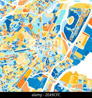 Mappa artistica a colori di Elizabeth, New Jersey, UnitedStates in blu e arance. Le gradazioni di colore nella mappa di Elizabeth seguono un motivo casuale. Illustrazione Vettoriale