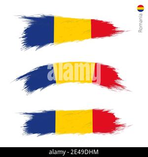 Set di 3 grunge textured bandiera della Romania, tre versioni di bandiera nazionale paese in pennellate stile dipinto. Allarmi vettoriali. Illustrazione Vettoriale