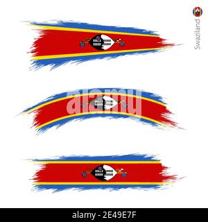 Set di 3 grunge textured bandiera dello Swaziland, tre versioni di bandiera nazionale paese in pennellate stile dipinto. Allarmi vettoriali. Illustrazione Vettoriale