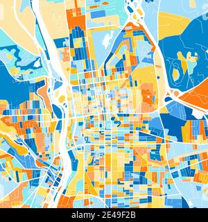 Mappa artistica a colori di Manchester, New Hampshire, UnitedStates in blu e arance. Le gradazioni di colore nella mappa di Manchester seguono un motivo casuale. Illustrazione Vettoriale