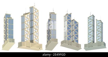 Set di 5 rendering di edifici high tech dal design immaginario con due torri con riflesso cielo - isolato su bianco, vista bassa illustrazione 3d del cielo Foto Stock