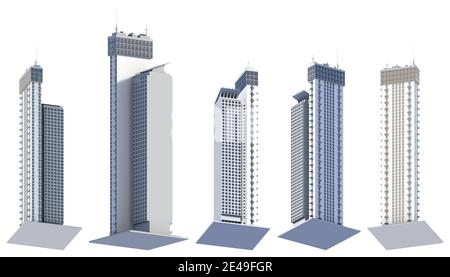 Set di 5 rendering di disegno immaginario astratto grattacieli torri viventi con riflesso cielo - isolato su bianco, vista dal basso illustrazione 3d di skyscr Foto Stock