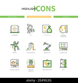 Storia contemporanea - Set di icone di stile moderno. Scoperte scientifiche, questioni ecologiche, industria, tecnologia e arti in peri storici Illustrazione Vettoriale