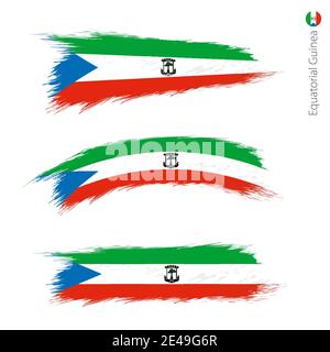 Set di 3 bandiere grunge testurizzate della Guinea Equatoriale, tre versioni di bandiera nazionale con pennellate in stile dipinto. Allarmi vettoriali. Illustrazione Vettoriale