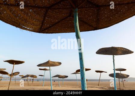 Ombrelloni sulla spiaggia durante il tempo tempestoso. Essaouira, Marocco Foto Stock