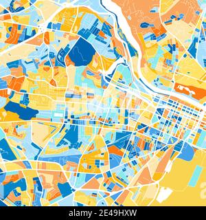 Mappa artistica a colori di Augusta, Georgia, Stati Uniti in blu e arance. Le gradazioni di colore nella mappa di Augusta seguono un motivo casuale. Illustrazione Vettoriale