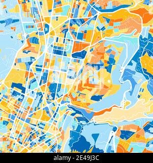 Mappa a colori di Quito, Ecuador, Ecuador in blu e arance. Le gradazioni di colore nella mappa di Quito seguono un motivo casuale. Illustrazione Vettoriale