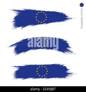 Set di 3 bandiere grunge testurizzate dell'Unione europea, tre versioni di bandiere in stile dipinto a pennellate. Allarmi vettoriali. Illustrazione Vettoriale
