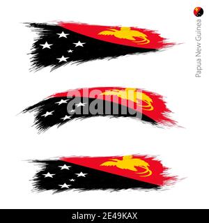 Set di 3 grunge textured bandiera di Papua Nuova Guinea, tre versioni di bandiera nazionale paese in pennellate stile dipinto. Allarmi vettoriali. Illustrazione Vettoriale