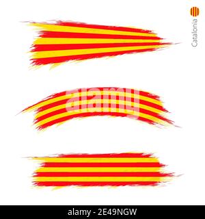 Set di 3 grunge textured bandiera della Catalogna, tre versioni di bandiera nazionale paese in pennellate stile dipinto. Allarmi vettoriali. Illustrazione Vettoriale