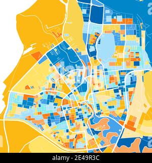 Mappa artistica a colori di Barcellona, Venezuela, Venezuela in blu e arance. Le gradazioni di colore nella mappa di Barcellona seguono un motivo casuale. Illustrazione Vettoriale