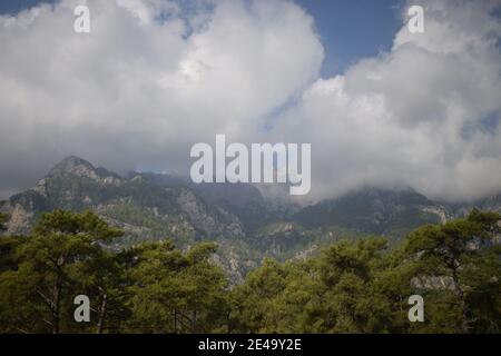 Una vista paesaggistica di pini nelle montagne visto dal sentiero della Via Licia vicino al Monte Olympos o Tahtali vicino Antalya, Turchia. Western Taurus moun Foto Stock