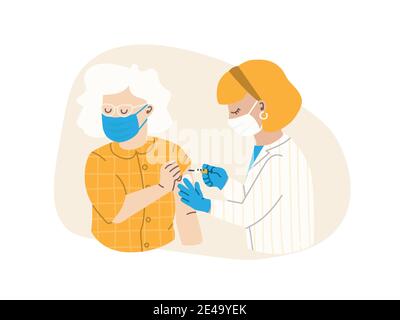 Il medico o l'infermiere inietta il vaccino. Il paziente è una donna anziana. Concetto di vaccinazione antinfluenzale, vaccino virale. Immagine piatta vettoriale Illustrazione Vettoriale