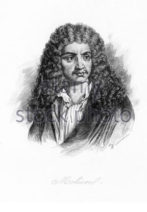 Jean-Baptiste Poquelin, 1622 – 1673, conosciuto con il suo nome di scena Molière, è stato un drammaturgo francese, attore e poeta, illustrazione d'epoca del 1881 Foto Stock