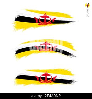Set di 3 bandiere grunge textured del Brunei, tre versioni di bandiera nazionale in stile dipinto a pennello. Allarmi vettoriali. Illustrazione Vettoriale