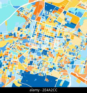 Mappa artistica a colori di Chillan, Cile, Cile in blu e arance. Le gradazioni di colore nella mappa di Chillan seguono un motivo casuale. Illustrazione Vettoriale