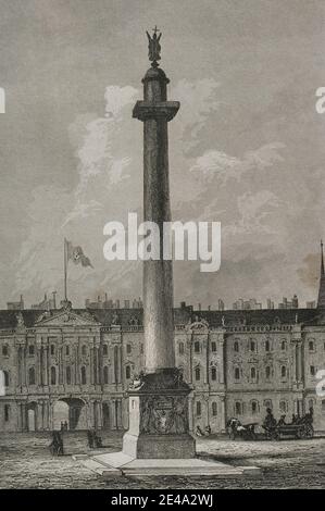 Russia, San Pietroburgo. La colonna Alexander o la colonna Alessandria nella Piazza del Palazzo. Fu progettato dall'architetto Auguste de Montferrand e costruito tra il 1830 e il 1834, per commemorare la vittoria militare russa nella guerra con la Francia di Napoleone. Incisione di Lemaitre. Storia della Russia di Jean Marie Chopin (1796-1870). Panorama Universal, edizione spagnola, 1839. Foto Stock