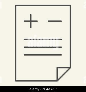 Aggiungere o eliminare l'icona della linea sottile del documento. File con illustrazione vettoriale più e meno isolata in bianco. Disegno di stile di contorno di pagina, progettato per il fotoricettore e. Illustrazione Vettoriale