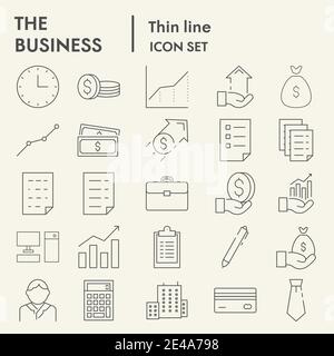 Insieme di icone di linea sottile di business, raccolta di simboli di ufficio, schizzi vettoriali, illustrazioni di logo, gestione di cartelli pacchetti di pittogrammi lineari isolati su Illustrazione Vettoriale