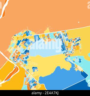 Mappa artistica a colori di Tumbes, Perù, in blu e arance. Le gradazioni di colore nella mappa Tumbes seguono un motivo casuale. Illustrazione Vettoriale