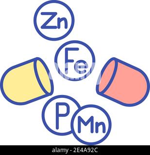 Icona colore RGB supplemento multivitaminico. Complesso multi minerale per una dieta sana. Assistenza sanitaria. Medicamento, pillole. Nutriente, complesso di nutrimento. Dietetica Illustrazione Vettoriale