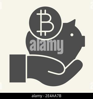 Mano che tiene bitronin piggy bank icona solida. Piggy con immagine vettoriale a moneta criptata isolata su bianco. Design in stile glifo a risparmio di criptovaluta Illustrazione Vettoriale