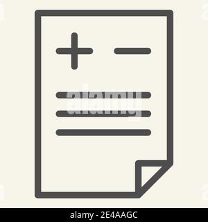 Aggiungere o eliminare l'icona della riga del documento. File con illustrazione vettoriale più e meno isolata in bianco. Design stile contorno pagina, progettato per il Web e le applicazioni Illustrazione Vettoriale