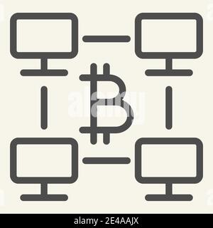 Icona della linea di rete del computer Bitcoin. Immagine vettoriale della piattaforma di rete Bitcoin isolata in bianco. Design con profilo a criptovaluta, progettato per Illustrazione Vettoriale