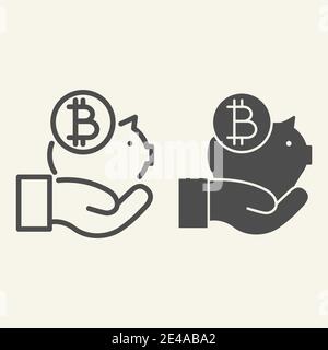 Mano che tiene la linea del piggy della banca del bitcoin e l'icona del glifo. Piggy con immagine vettoriale a moneta criptata isolata su bianco. Profilo di risparmio sulla criptovaluta Illustrazione Vettoriale
