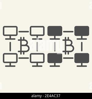 Bitcoin computer rete linea e icona glyph. Immagine vettoriale della piattaforma di rete Bitcoin isolata in bianco. Design a profilo criptovalente Illustrazione Vettoriale