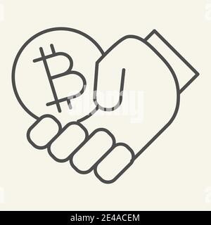 Icona della linea sottile della criptovaluta in mano. Immagine vettoriale Bitcoin e ARM isolata in bianco. Design a forma di contorno con tenuta a mano cripto money, progettato Illustrazione Vettoriale