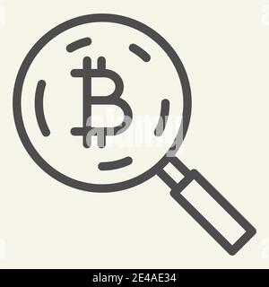 Icona della linea di ricerca Bitcoin. Loupe con illustrazione vettoriale a moneta criptata isolata su bianco. Design con struttura a criptovaluta e lente di ingrandimento, progettato Illustrazione Vettoriale