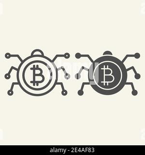 Bitcoin microchip linea e icona glyph. Illustrazione vettoriale del chip Crypto isolata su bianco. Design a profilo della cpu con criptovaluta, progettato per il Web Illustrazione Vettoriale